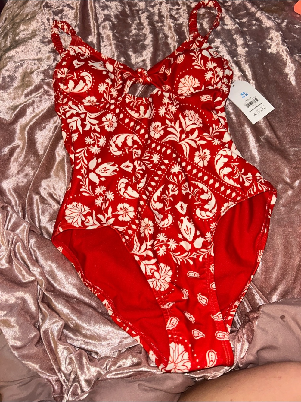 Time and Tru Red and White Floral One-Piece Swimsuit Size XS
